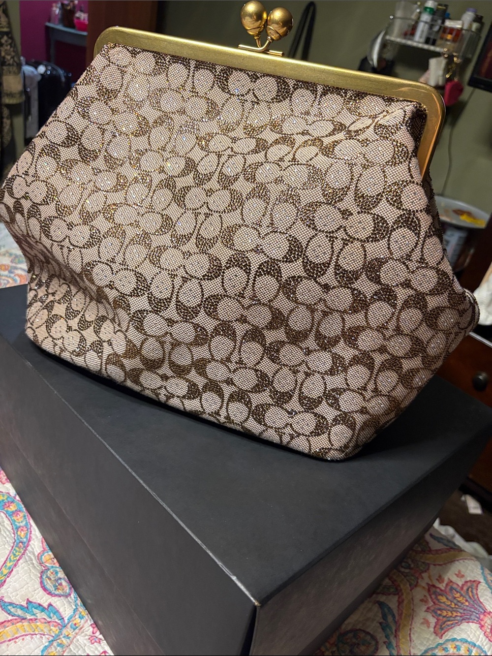 Coach Beige & Brown Signature Kiss-Lock Clutch